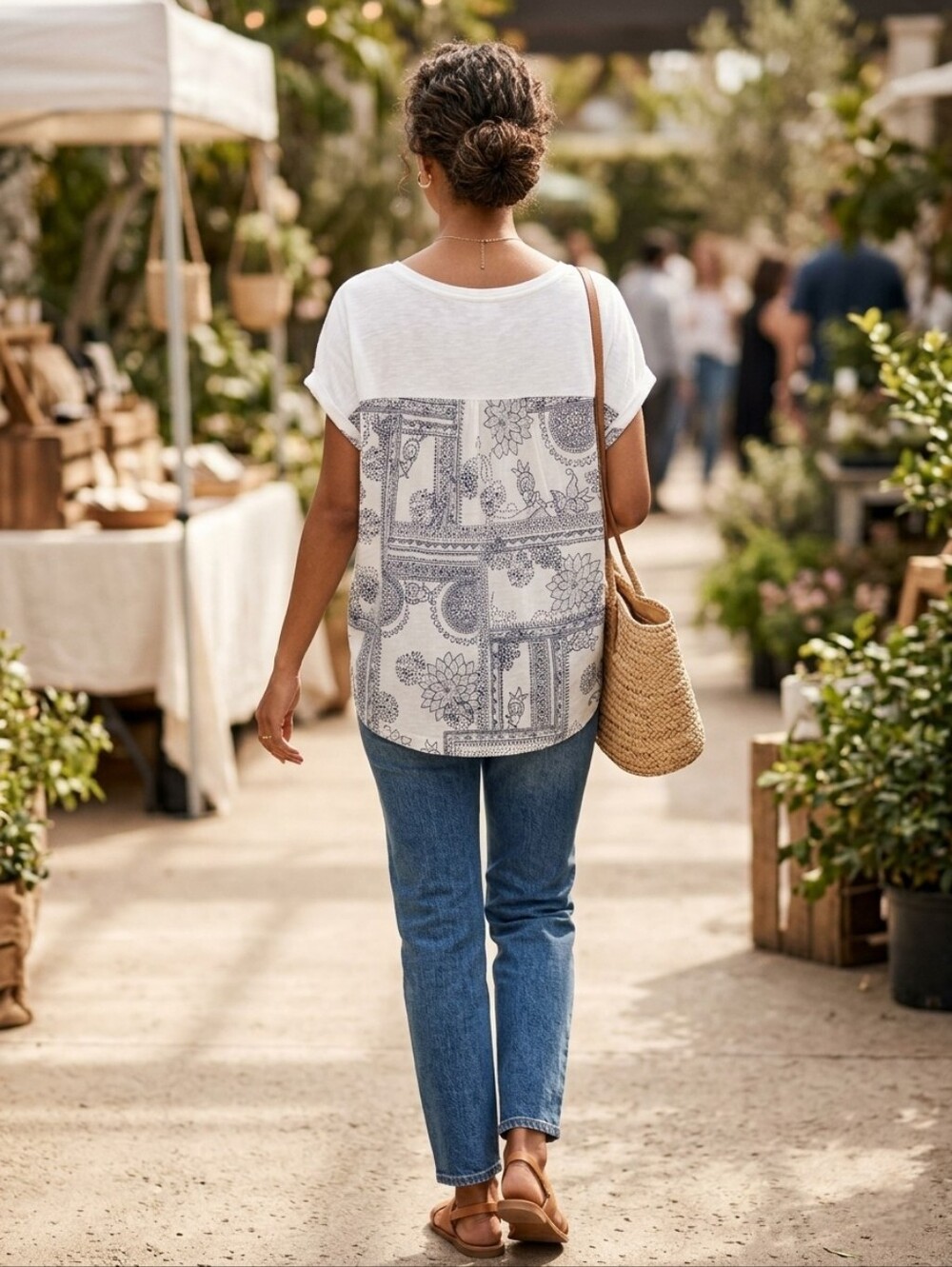 NWT Seven7 "Mixed Media Printed Back Tee- Egret Combo" Navy💙Cream🍦White🤍Large